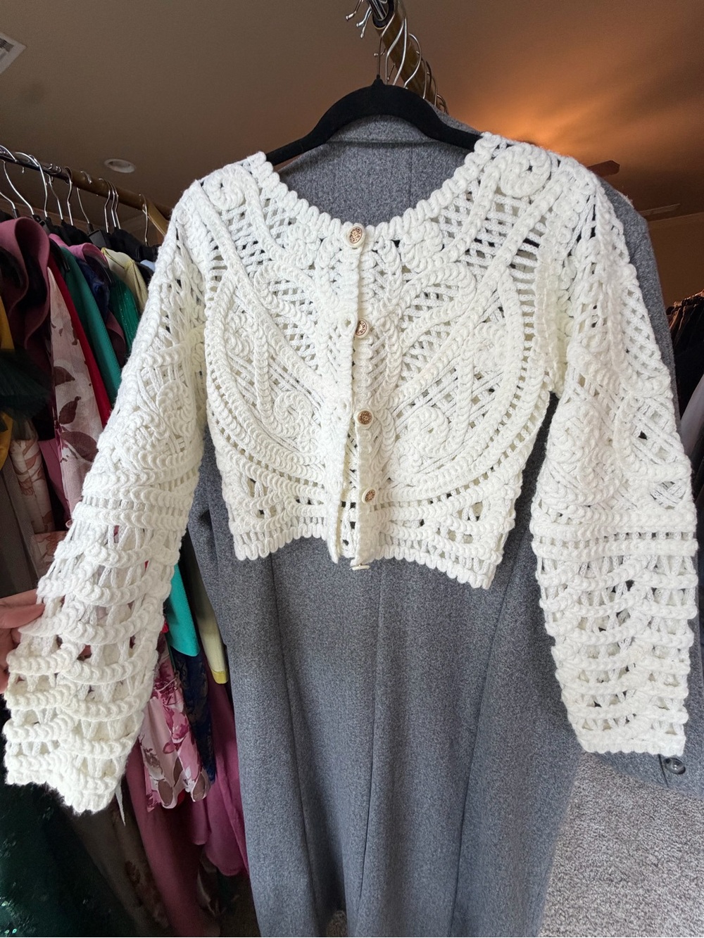 Crochet Openwork Button-Front Cardigan Sweater - Cream